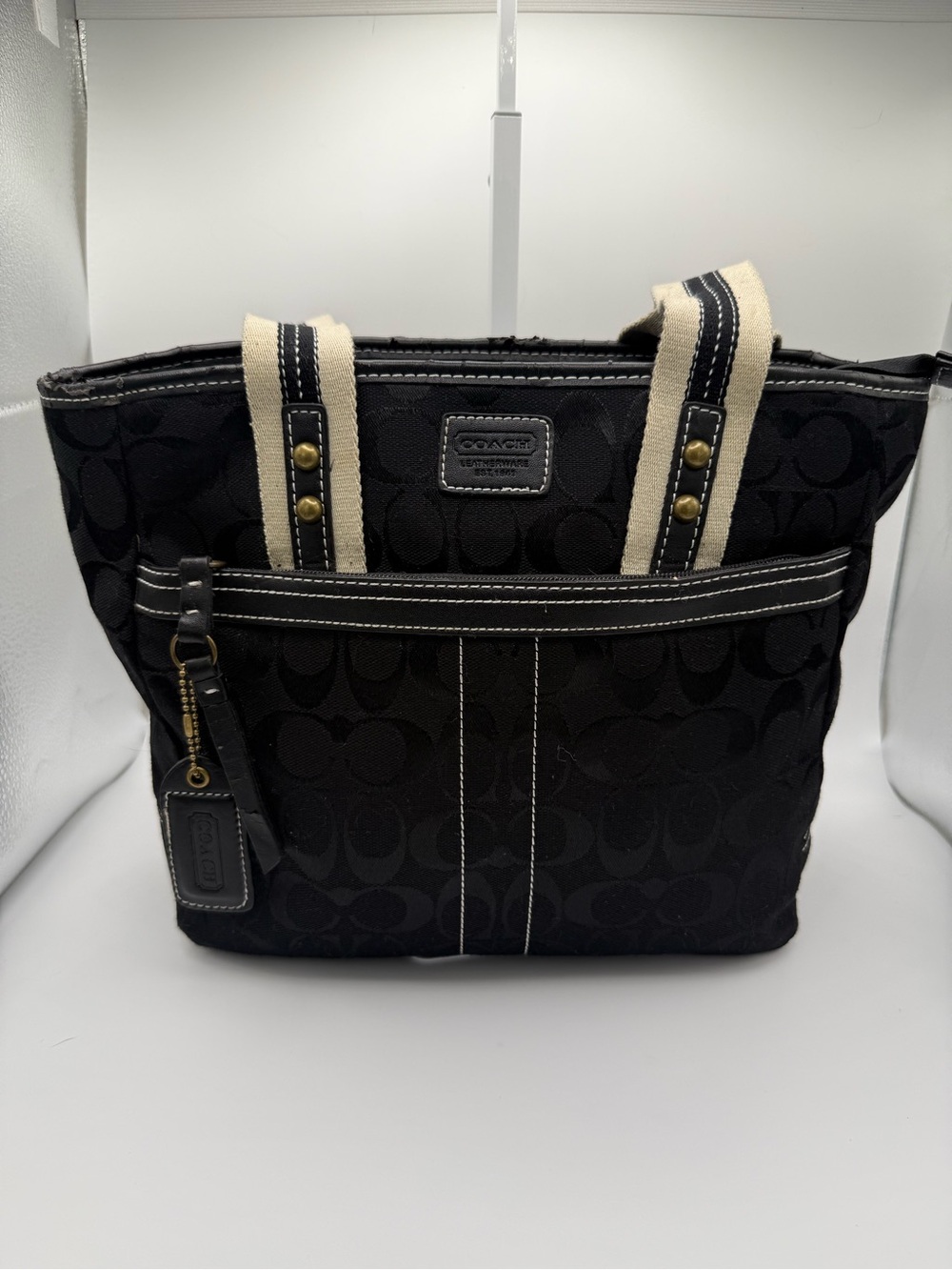Coach 9650 Mini Signature Black Canvas Tote Bag Leather Trim Y2K